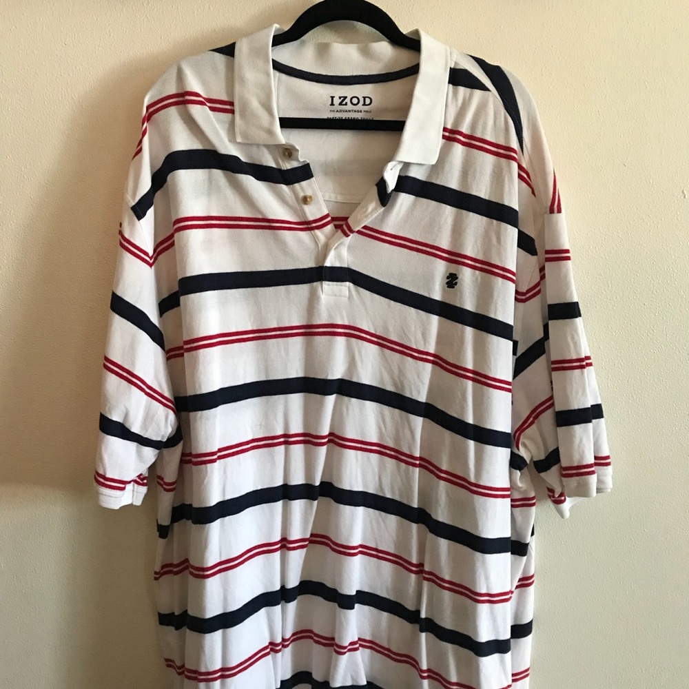 Men’s knit polo white with red/black stripes.